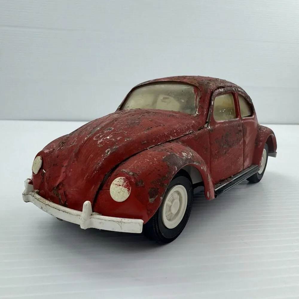 Vintage Tonka VW Bug Beetle Toy Car Red Distressed Metal Large Scale